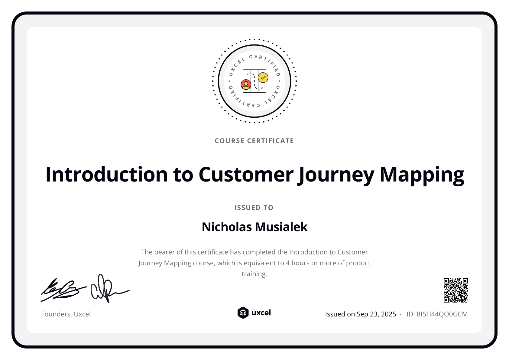 Nicholas Musialek's certificate